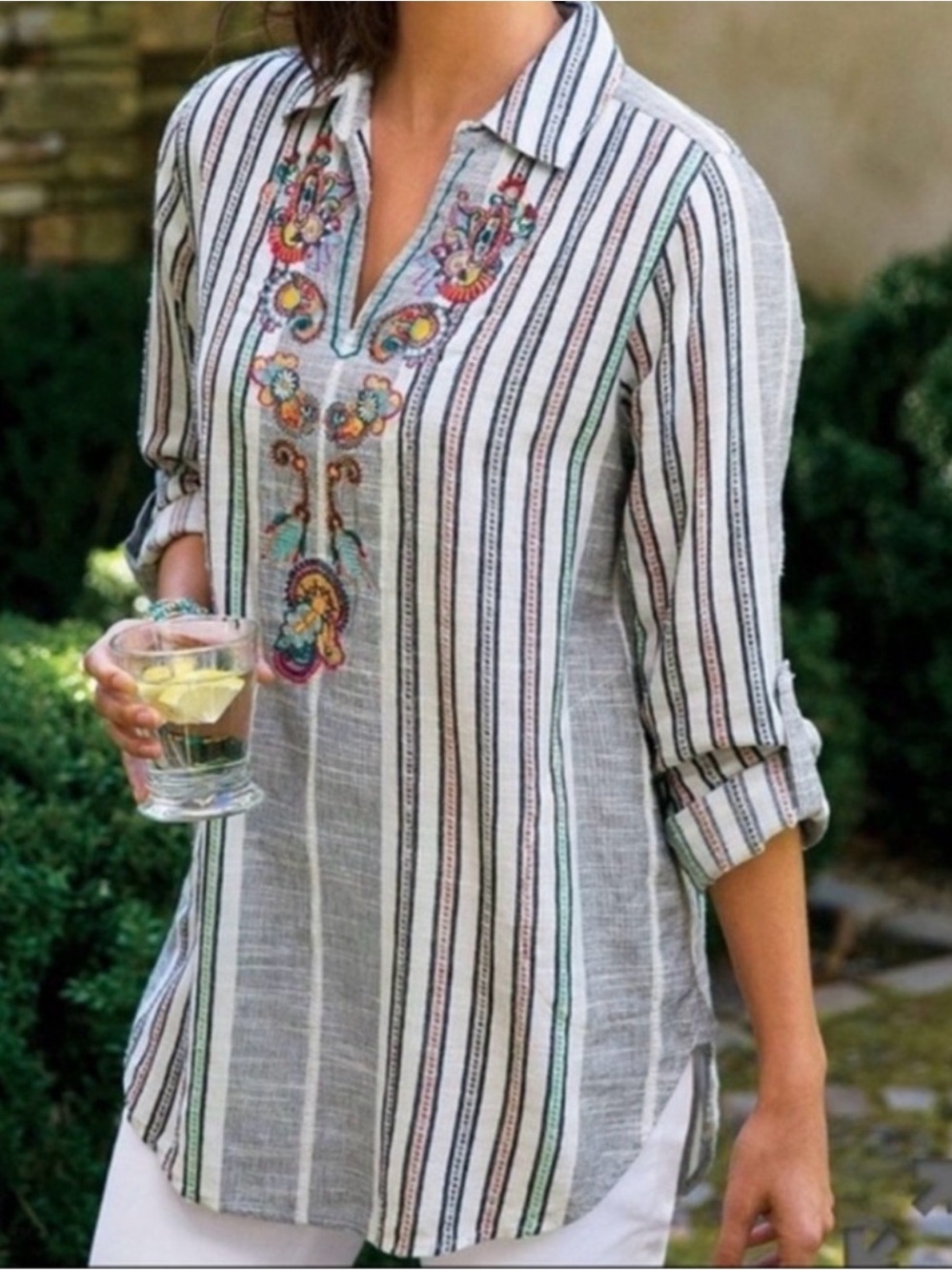 Soft Surroundings Brookhaven Tunic Womens 3X Floral Embroidery Striped NEW